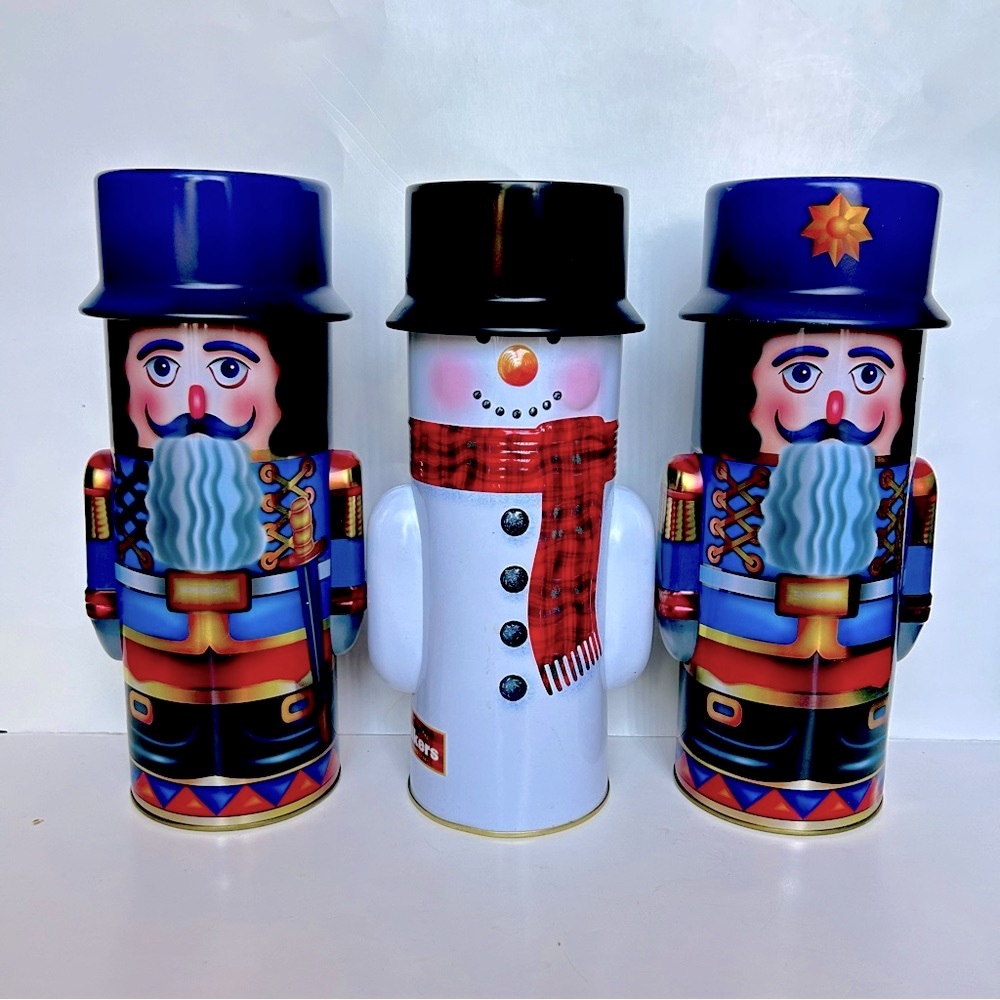 Festive Nutcracker and Snowman Tin Set Christmas Holiday Cookie Jar Gift